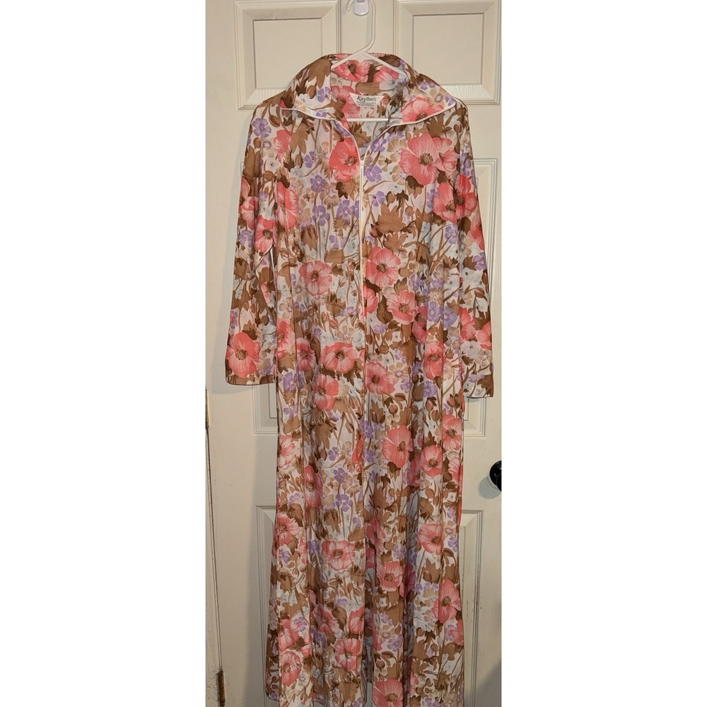 Vintage 50s 60s Kayser Peach Floral Tropical Robe Xl Zip Long Sleeve Pockets